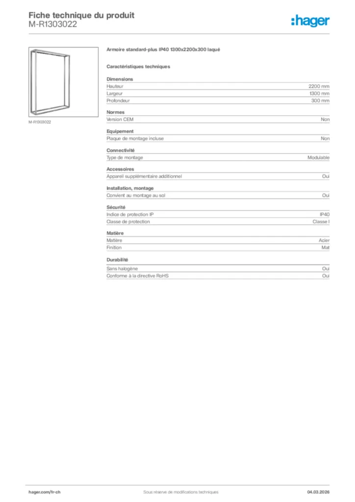 Image Hager Fiche technique du produit M-R1303022 | Hager Suisse