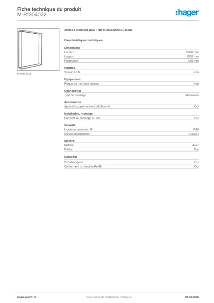 Image Hager Fiche technique du produit M-R1304022 | Hager Suisse