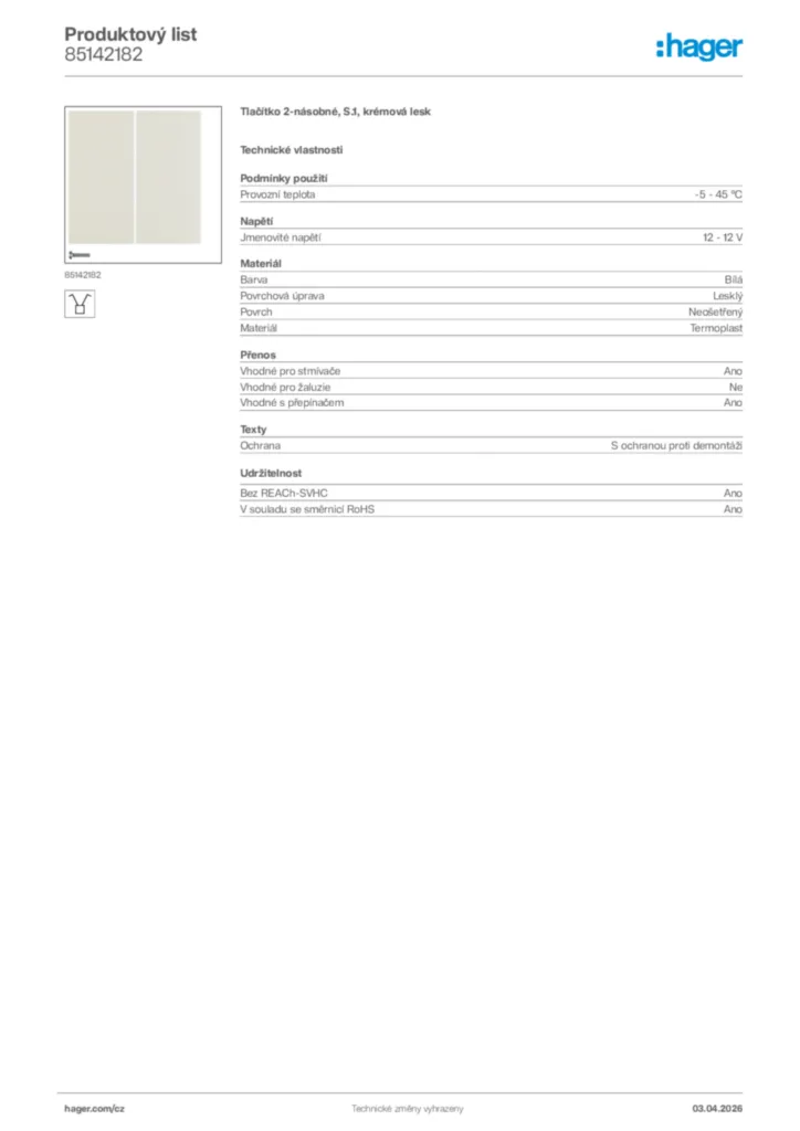 Obrázek Hager Product data sheet 85142182 | Hager