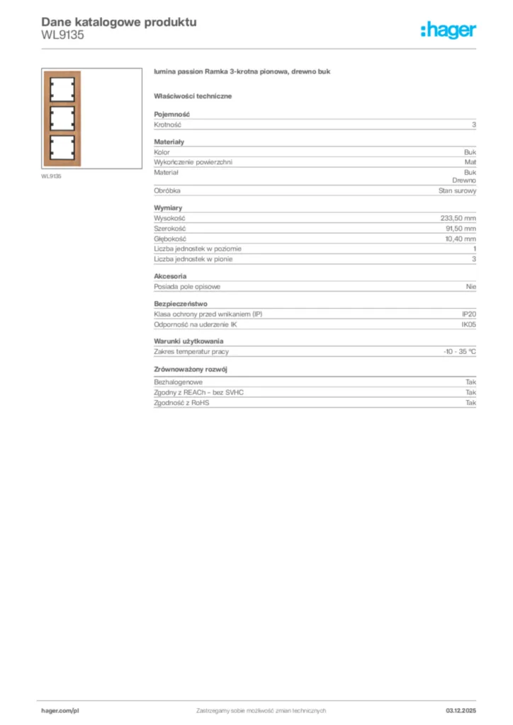 Zdjęcie Hager Dane katalogowe produktu WL9135 | Hager Polska