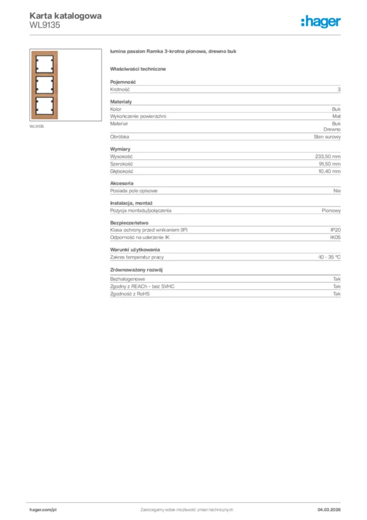 Zdjęcie Hager Karta katalogowa WL9135 | Hager Polska