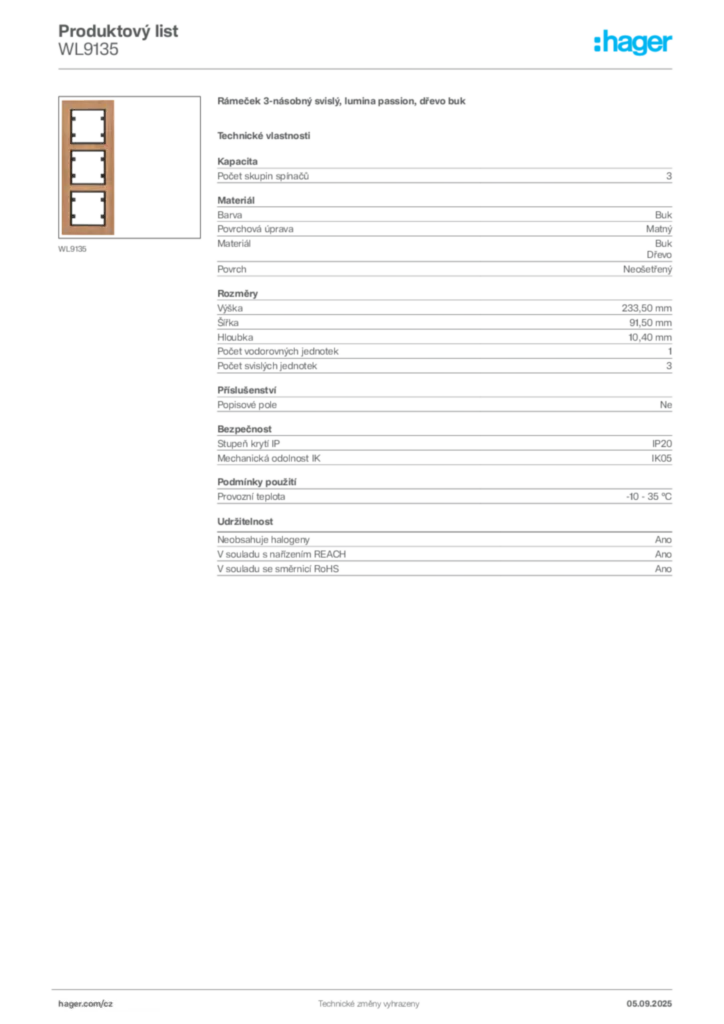 Obrázek Hager Produktový list WL9135 | Hager
