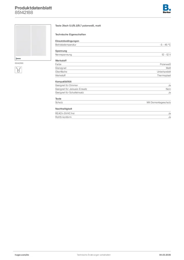 Bild Berker Produktdatenblatt 85142188 | Hager Deutschland