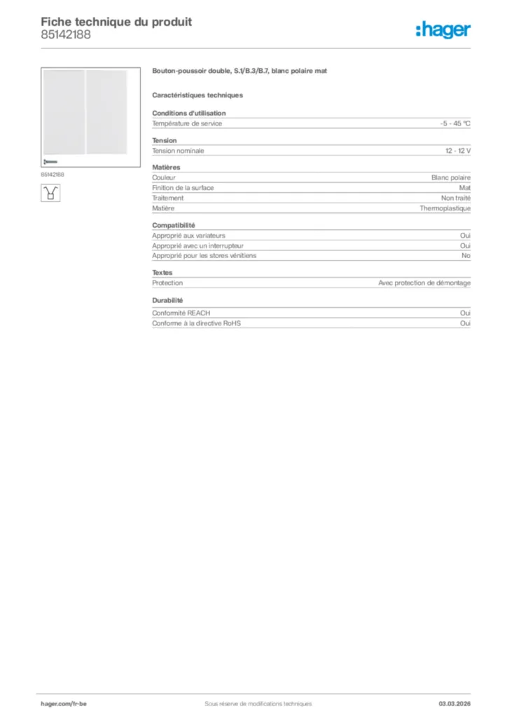 Image Hager Fiche technique du produit 85142188 | Hager Belgique