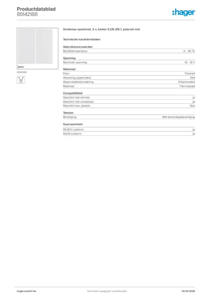 Afbeelding Hager Productdatablad 85142188 | Hager Belgium