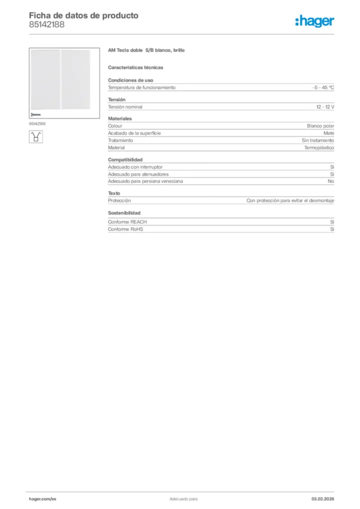 Imagen Hager Ficha de datos de producto 85142188 | Hager España