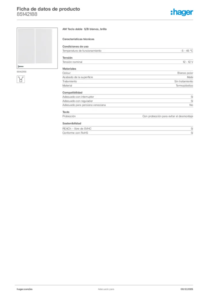 Imagen Hager Ficha de datos de producto 85142188 | Hager España