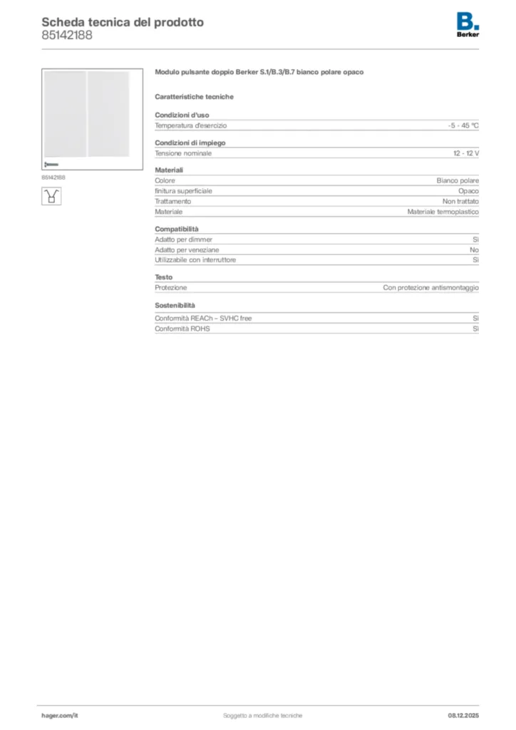 Immagine Berker Scheda tecnica del prodotto 85142188 | Hager Italia