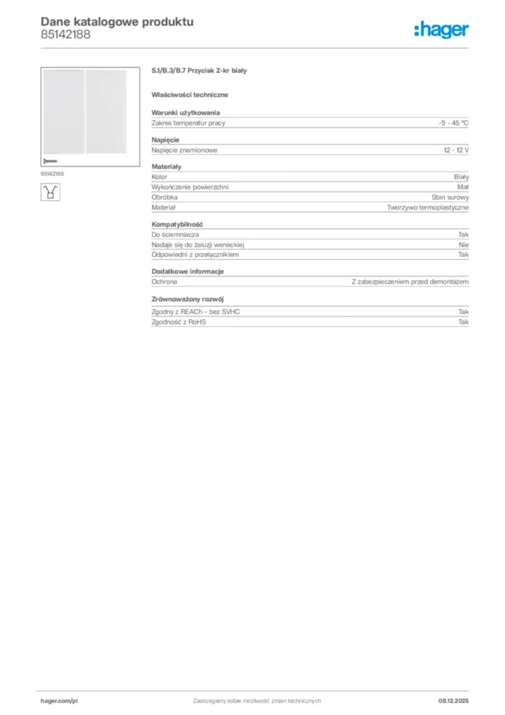 Zdjęcie Hager Karta katalogowa 85142188 | Hager Polska
