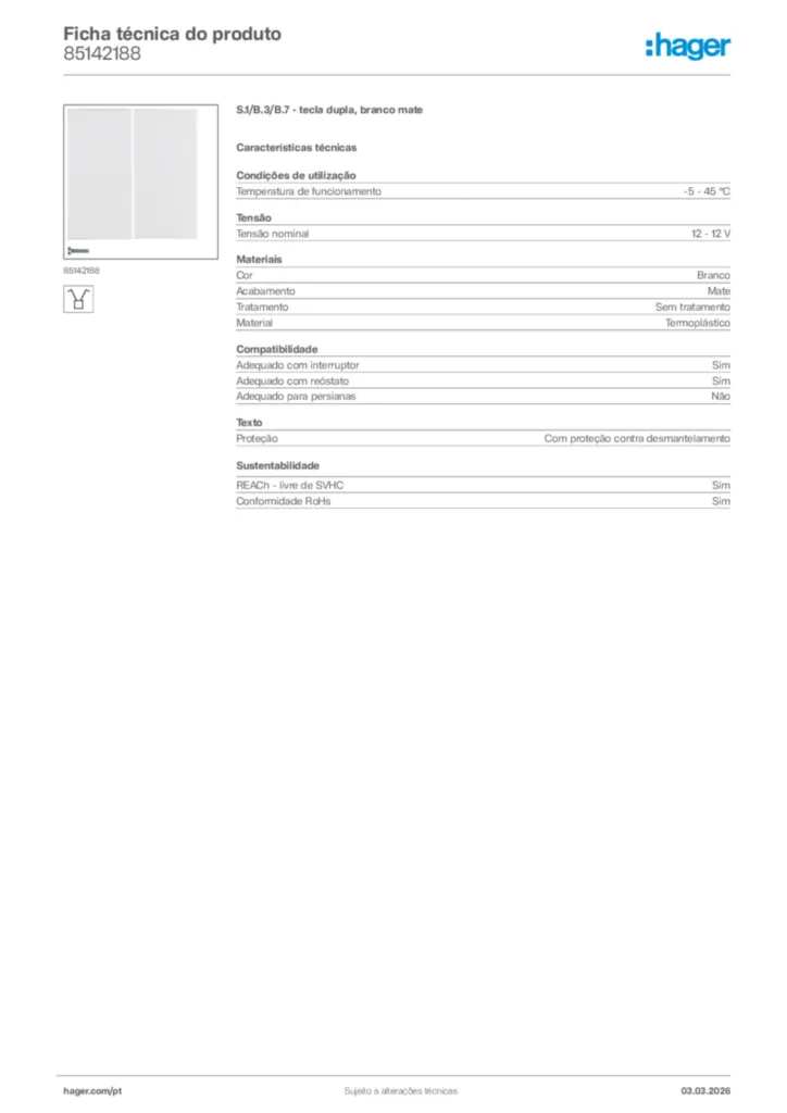 Imagem Hager Ficha técnica do produto 85142188 | Hager Portugal