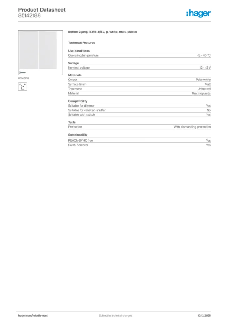 Image Hager Product data sheet 85142188  | Hager