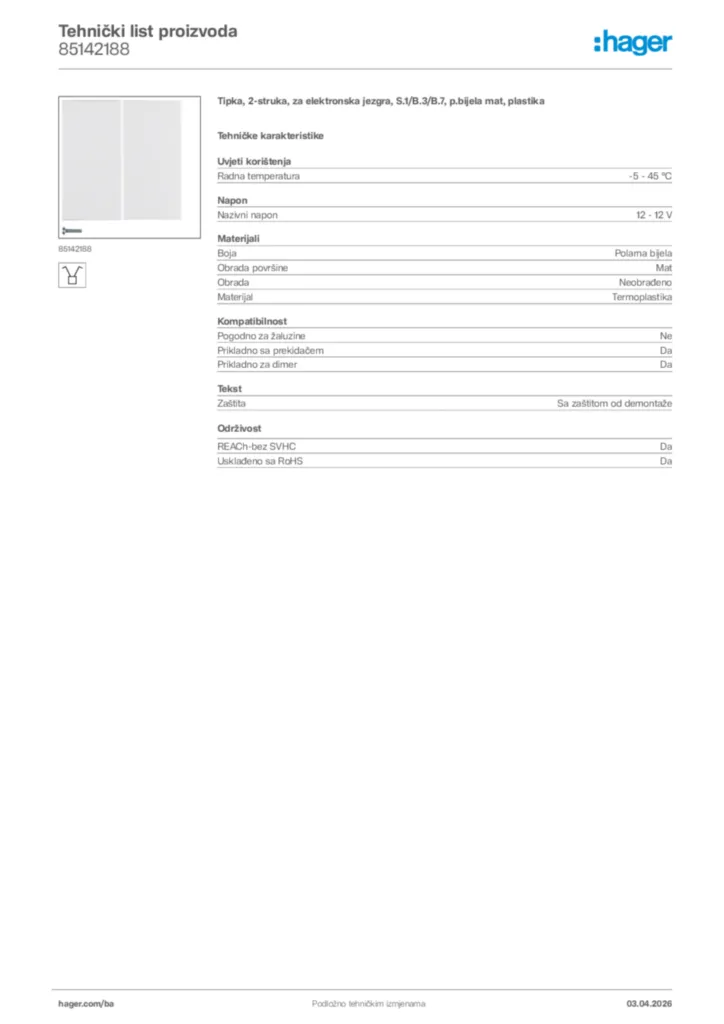 Slika Hager Tehnički list proizvoda 85142188  | Hager