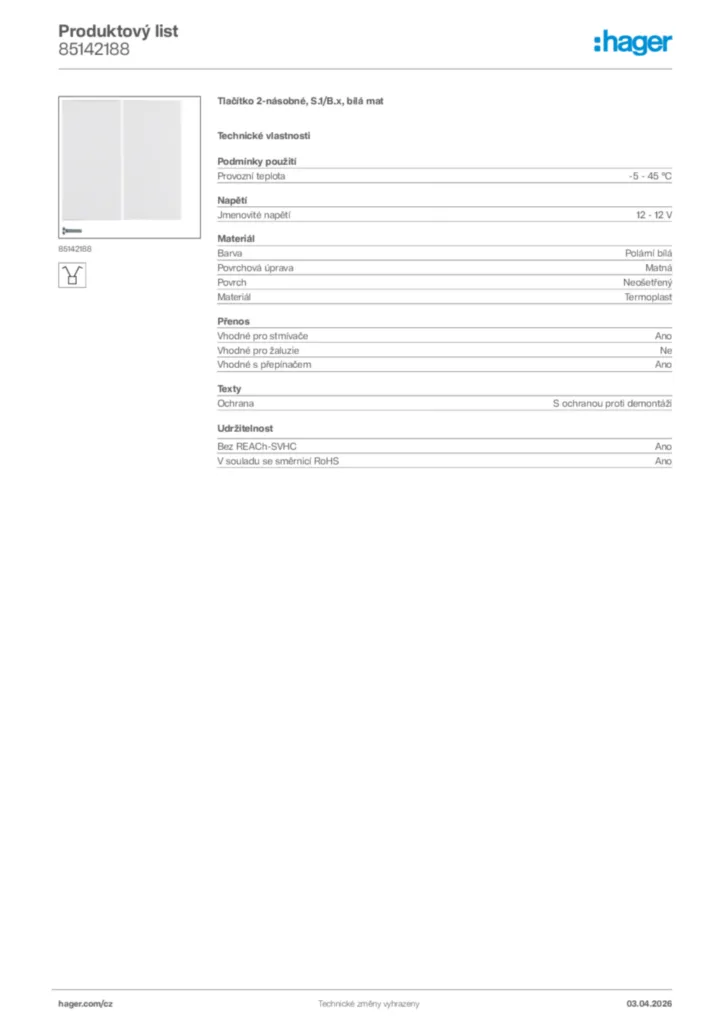 Obrázek Hager Product data sheet 85142188 | Hager