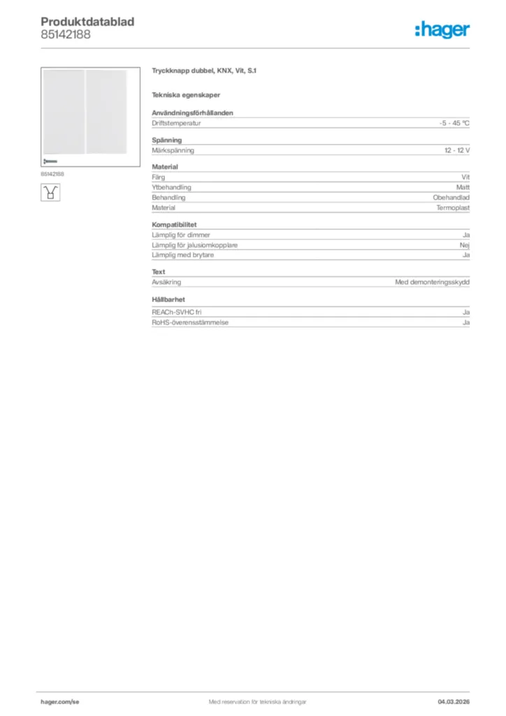Bild Hager Produktdatablad 85142188 | Hager Sverige