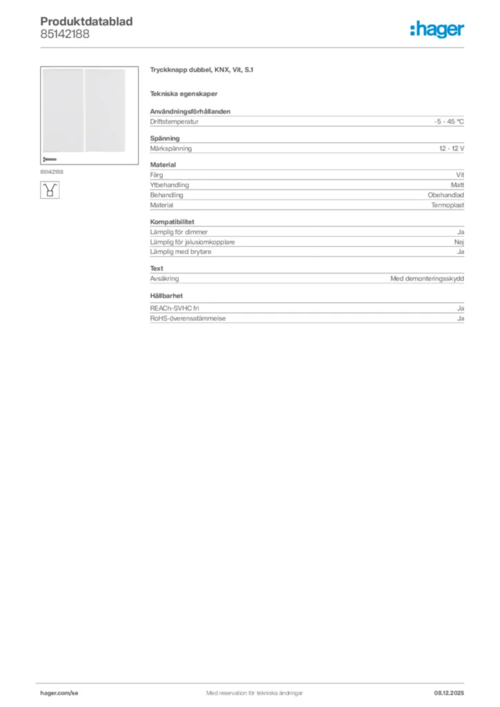 Bild Hager Produktdatablad 85142188 | Hager Sverige