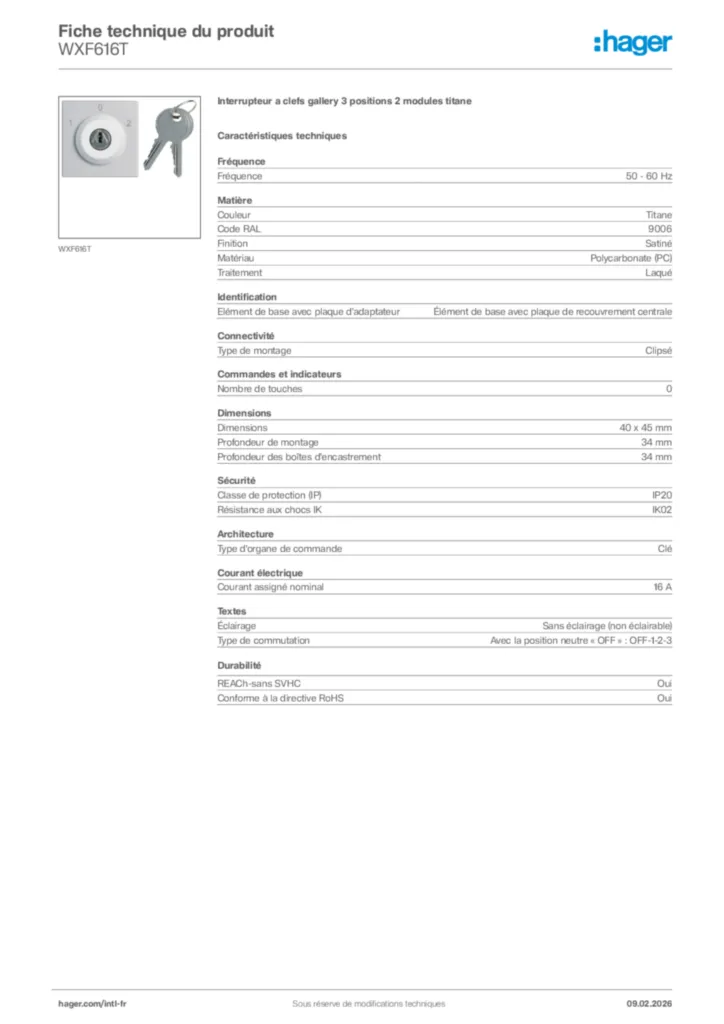 Image Hager Fiche technique du produit WXF616T | Hager Afrique