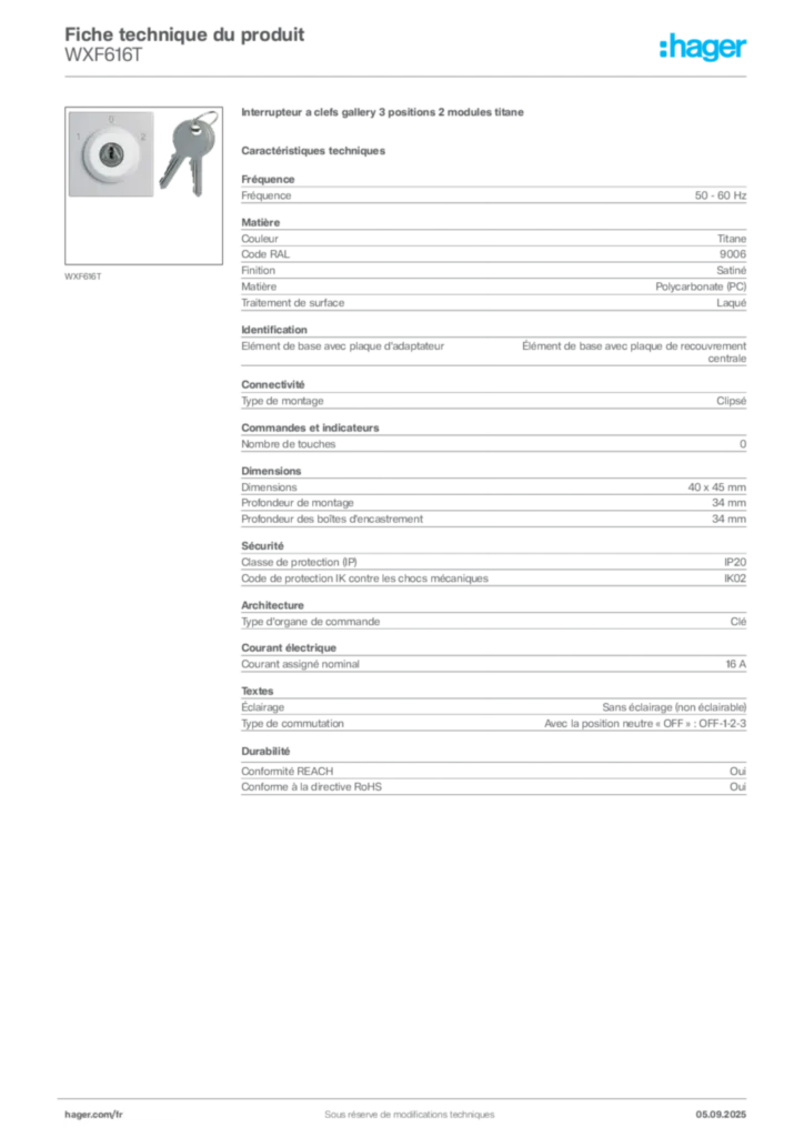 Image Hager Fiche technique du produit WXF616T | Hager France