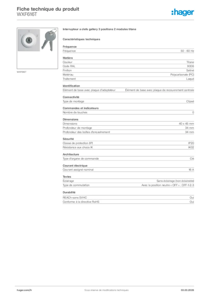 Image Hager Fiche technique du produit WXF616T | Hager France