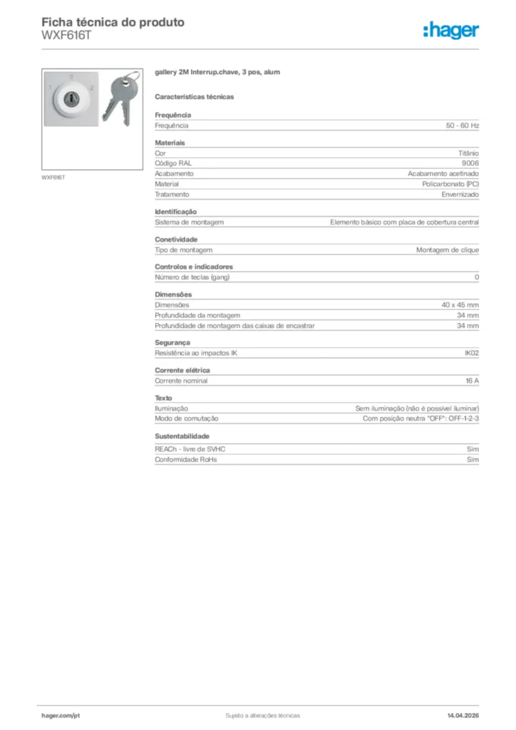 Imagem Hager Ficha técnica do produto WXF616T | Hager Portugal