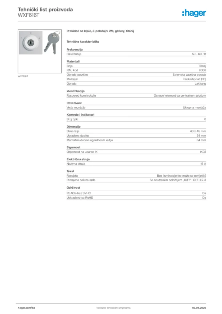 Slika Hager Tehnički list proizvoda WXF616T  | Hager