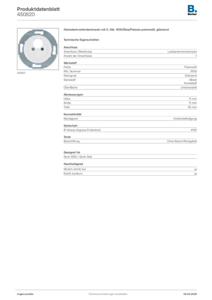 Bild Berker Produktdatenblatt 450820 | Hager Deutschland
