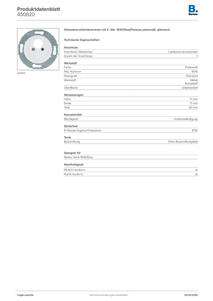 Bild Berker Produktdatenblatt 450820 | Hager Deutschland