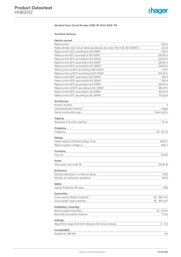 Image Hager Product data sheet HHB201Z  | Hager Africa