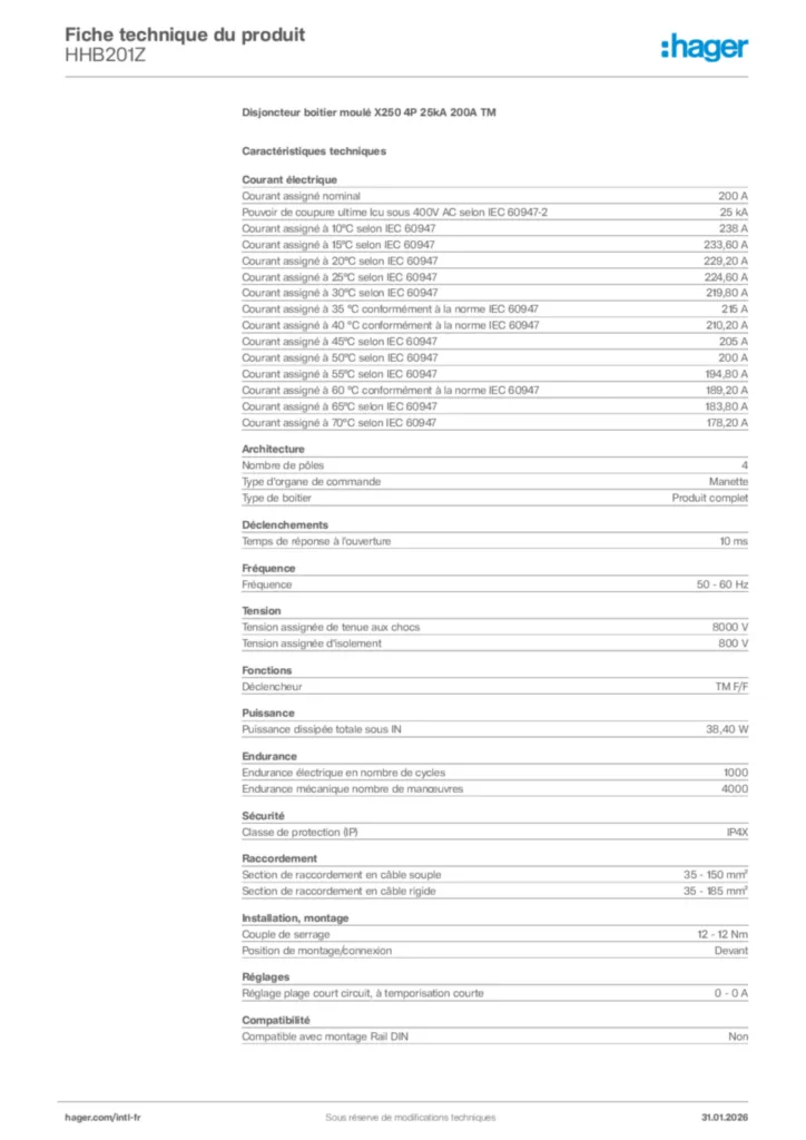 Image Hager Fiche technique du produit HHB201Z | Hager Afrique