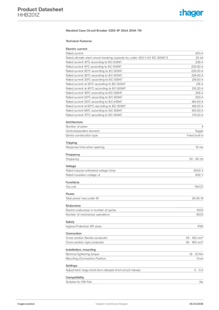 Image Hager Product data sheet HHB201Z  | Hager