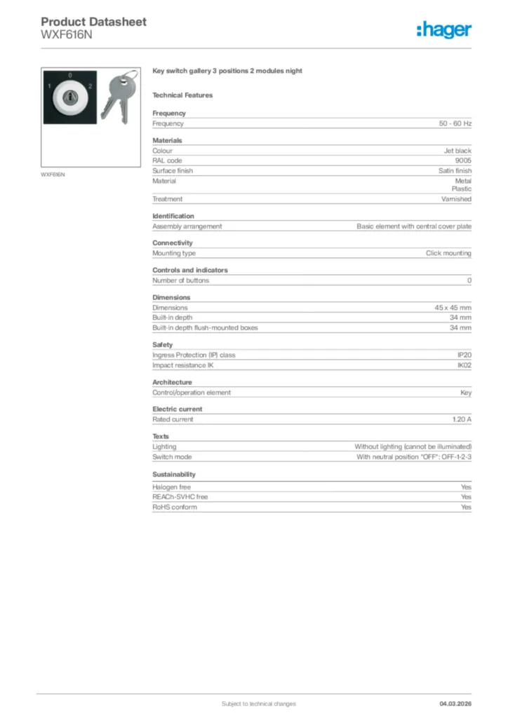 Image Hager Product data sheet WXF616N  | Hager Africa