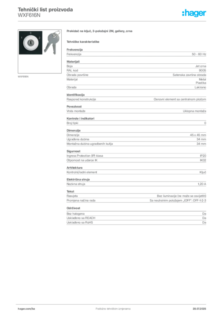 Slika Hager Product data sheet WXF616N  | Hager