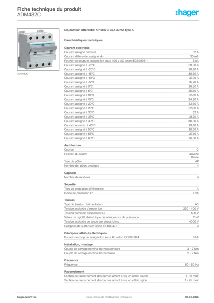 Image Hager Fiche technique du produit ADM482C | Hager Belgique