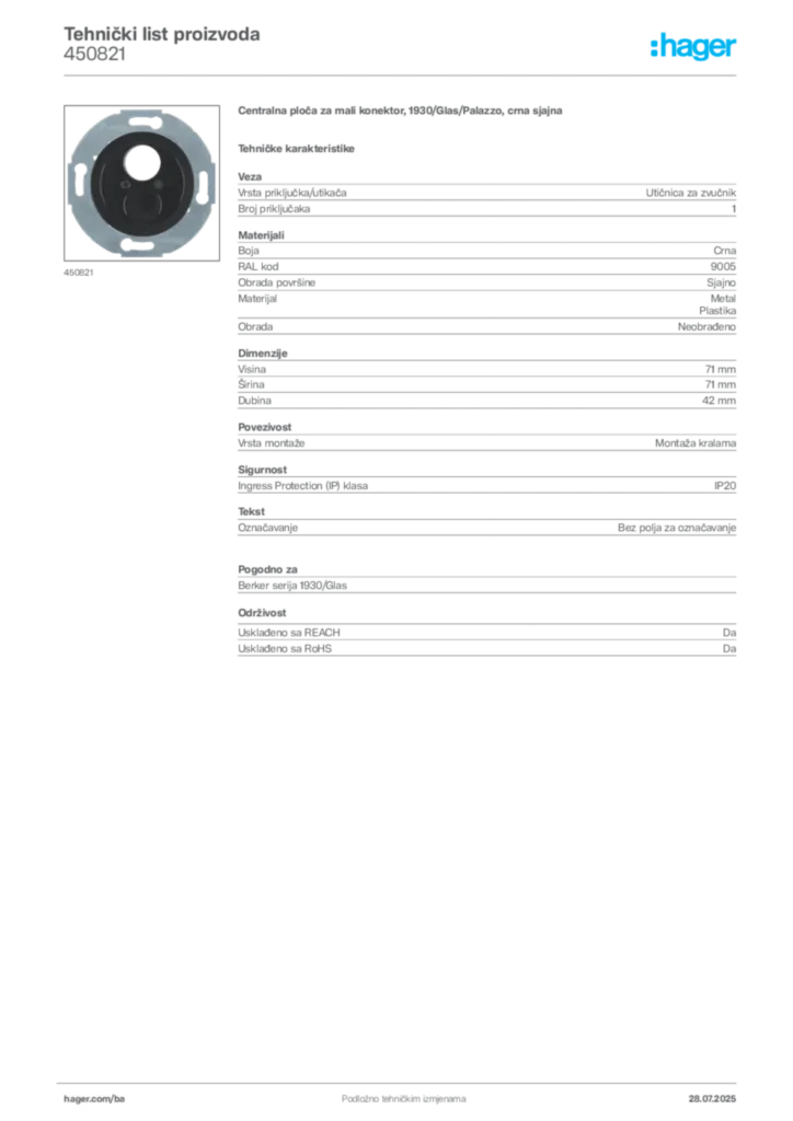 Slika Hager Product data sheet 450821  | Hager