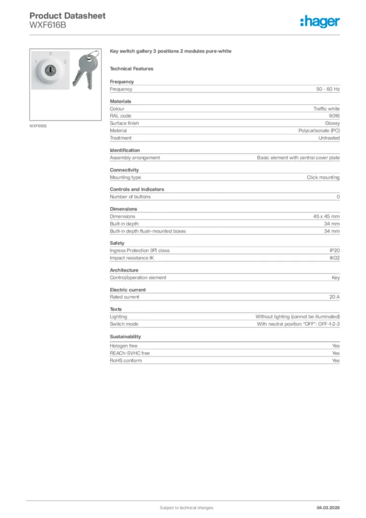 Image Hager Product data sheet WXF616B  | Hager Africa