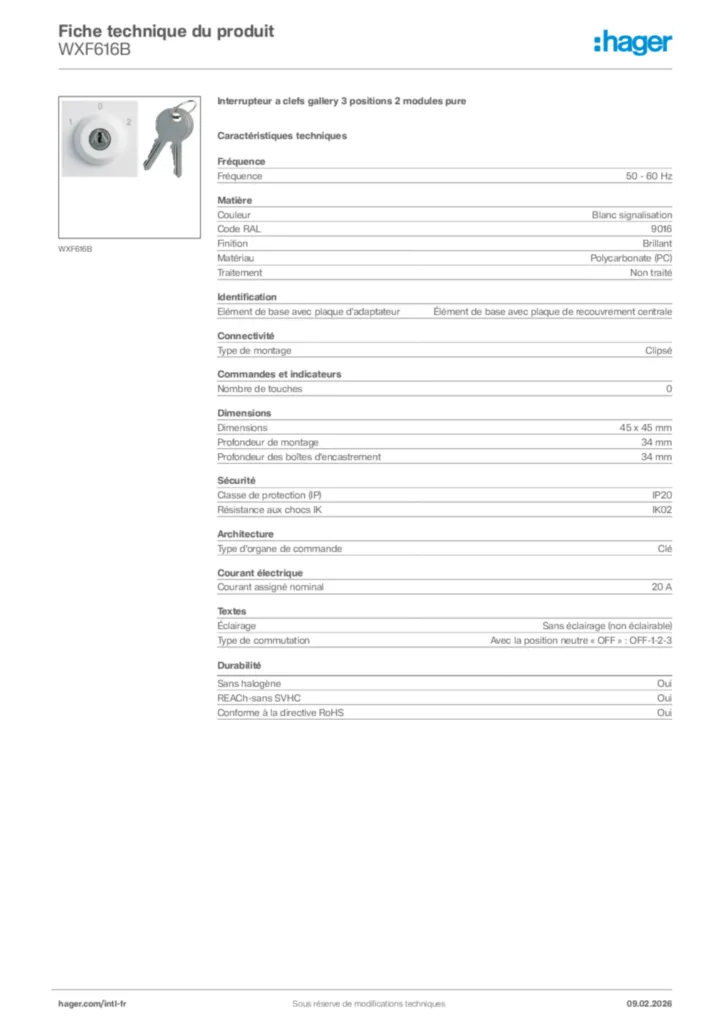 Image Hager Fiche technique du produit WXF616B | Hager Afrique