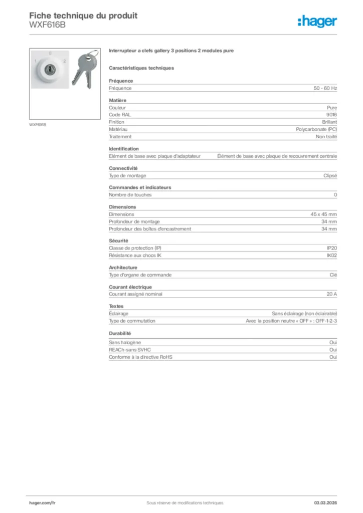 Image Hager Fiche technique du produit WXF616B | Hager France