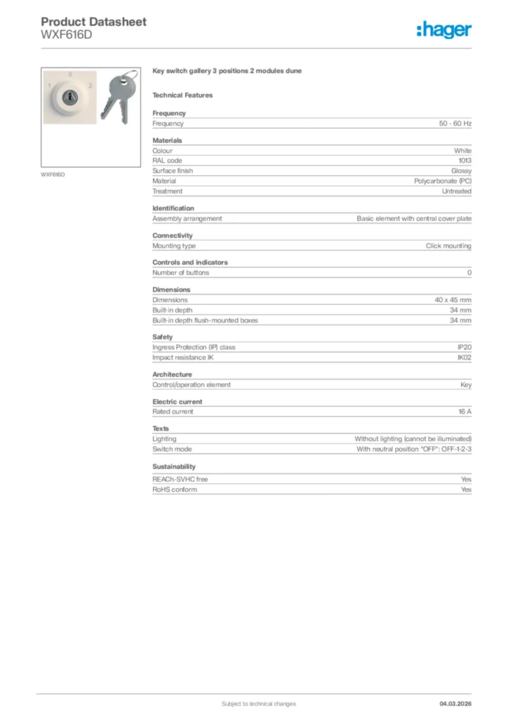 Image Hager Product data sheet WXF616D  | Hager Africa
