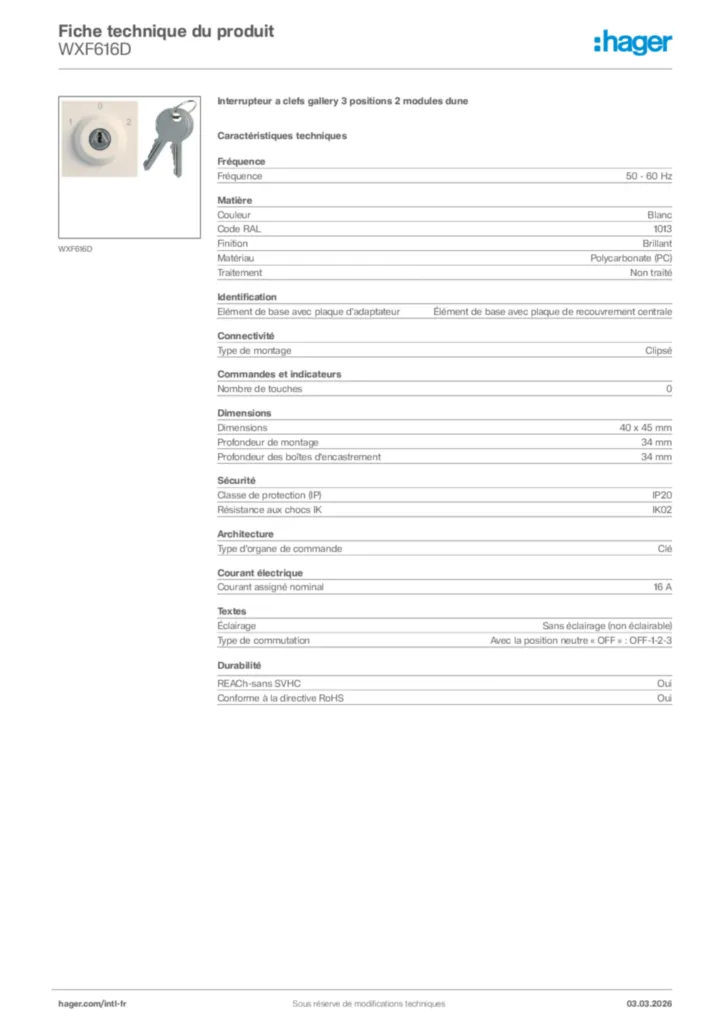 Image Hager Fiche technique du produit WXF616D | Hager Afrique