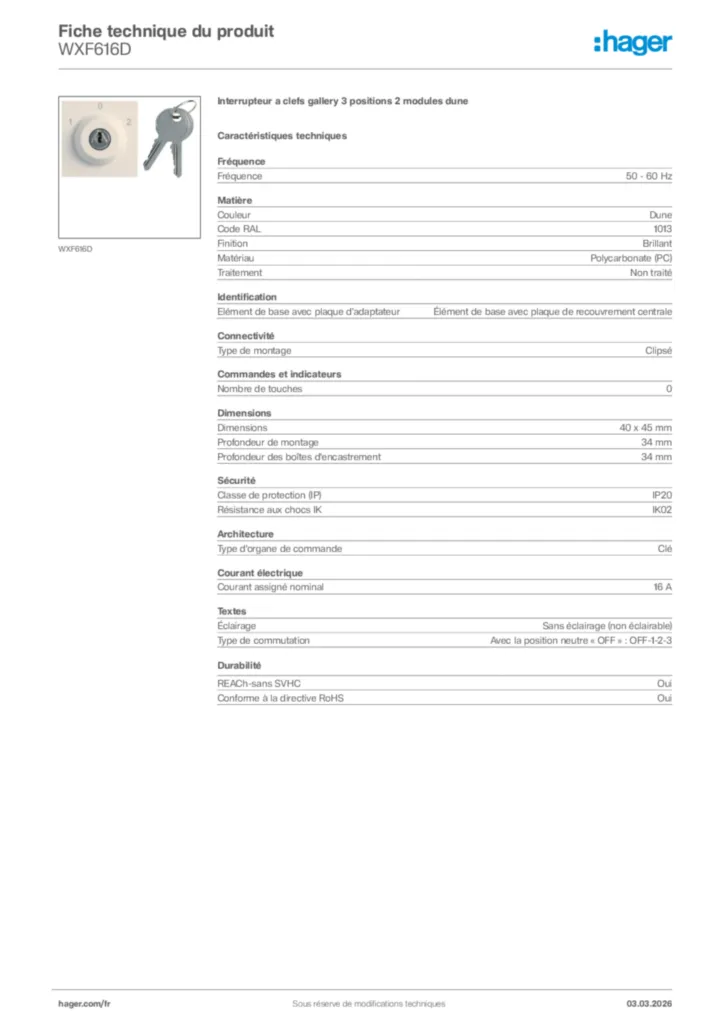 Image Hager Fiche technique du produit WXF616D | Hager France