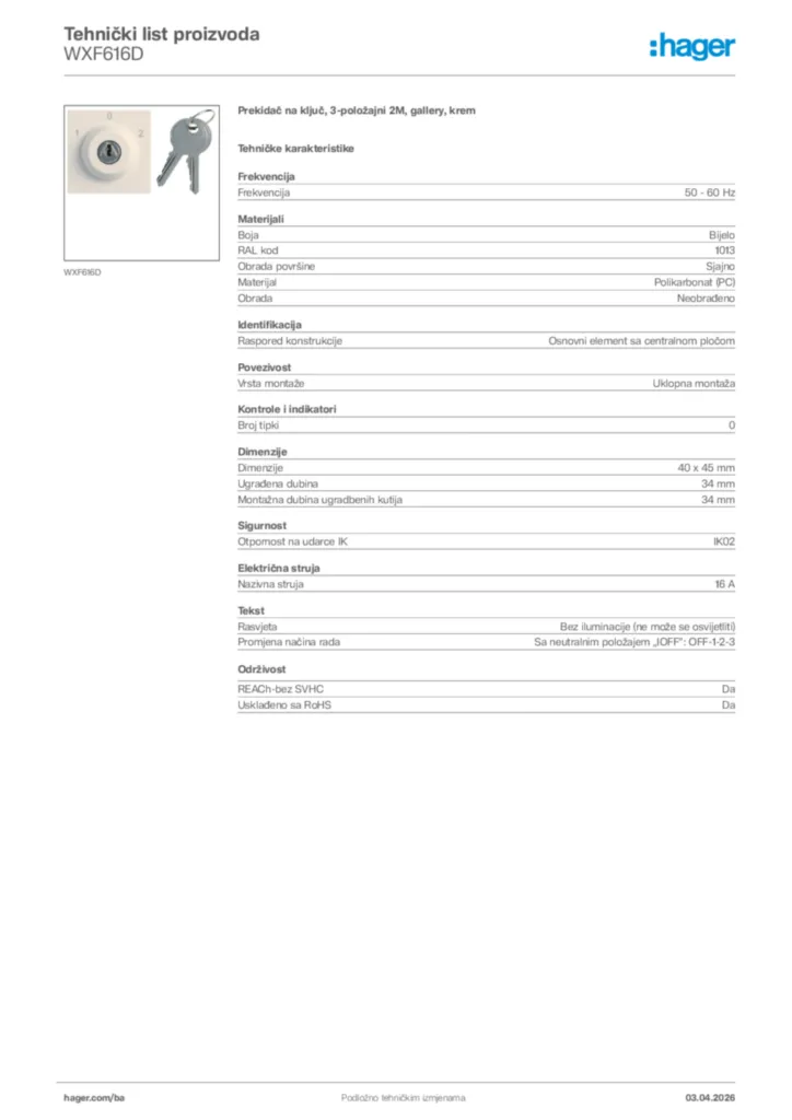 Slika Hager Tehnički list proizvoda WXF616D  | Hager