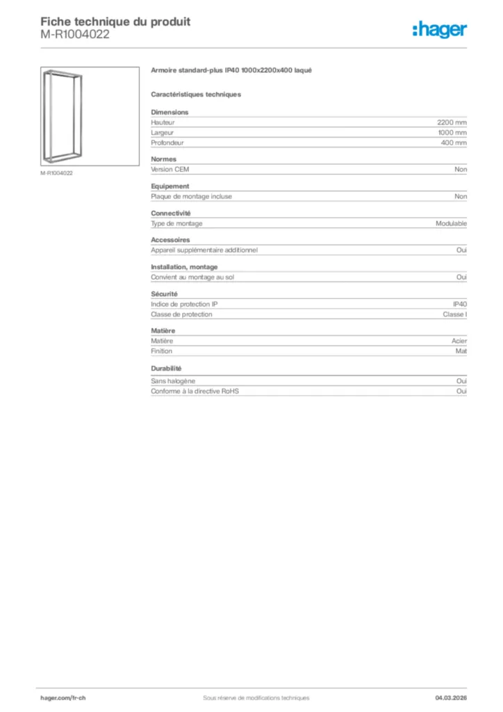 Image Hager Fiche technique du produit M-R1004022 | Hager Suisse