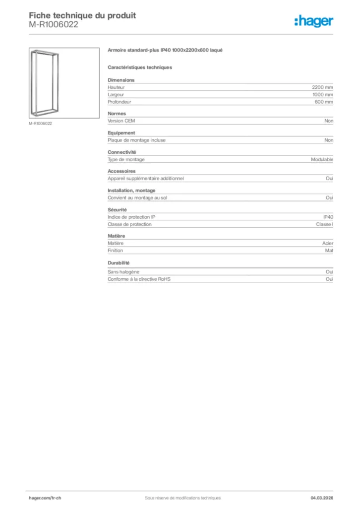 Image Hager Fiche technique du produit M-R1006022 | Hager Suisse
