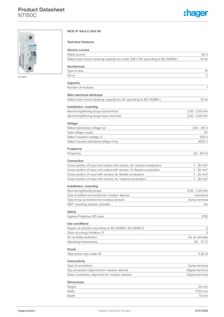 Image Hager Product data sheet NT150C  | Hager New Zealand