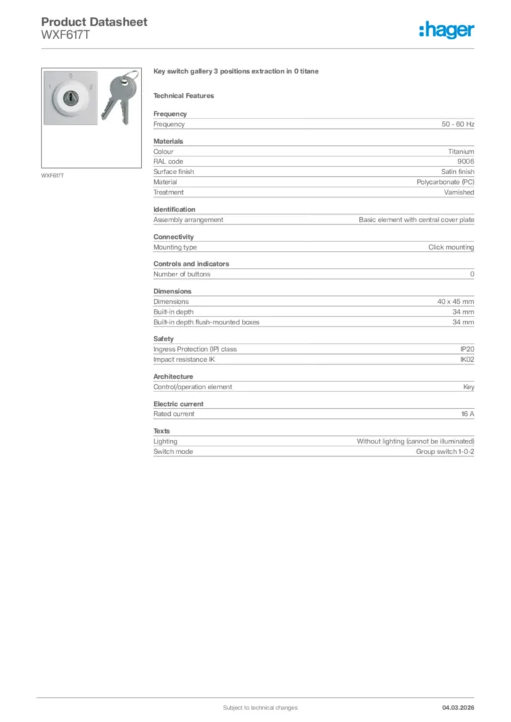 Image Hager Product data sheet WXF617T  | Hager Africa