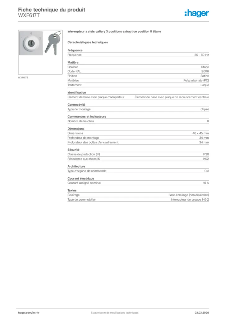 Image Hager Fiche technique du produit WXF617T | Hager Afrique