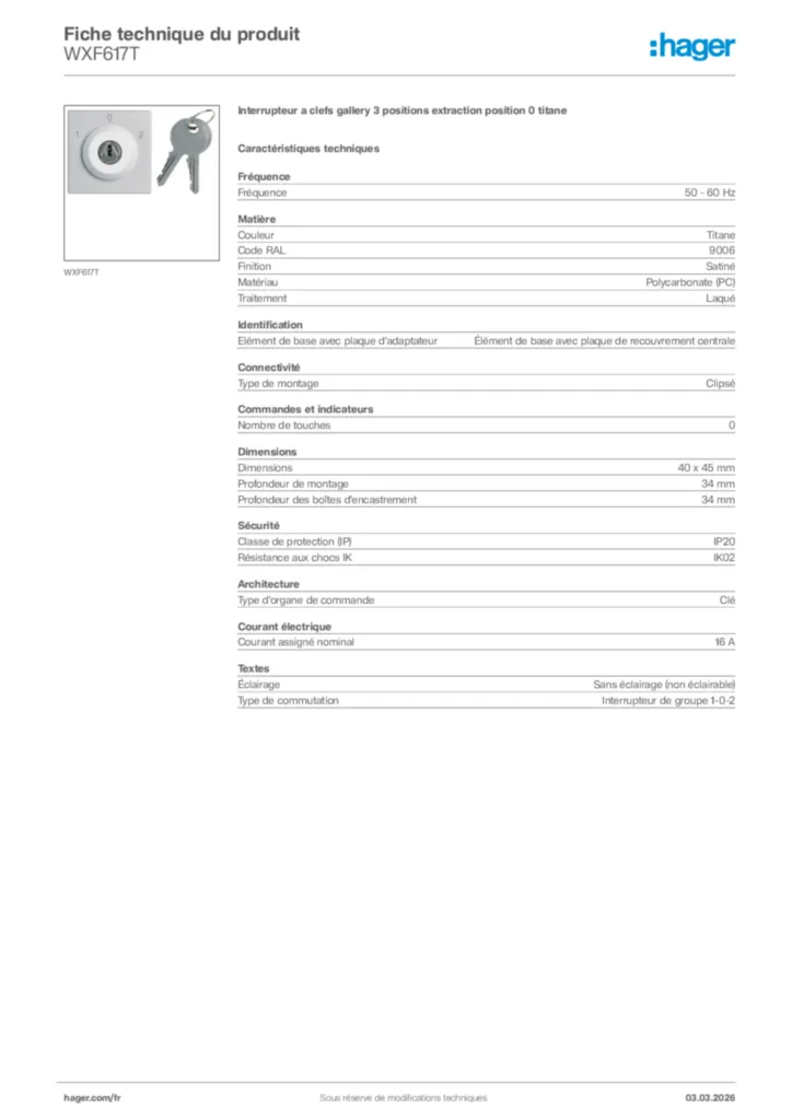 Image Hager Fiche technique du produit WXF617T | Hager France