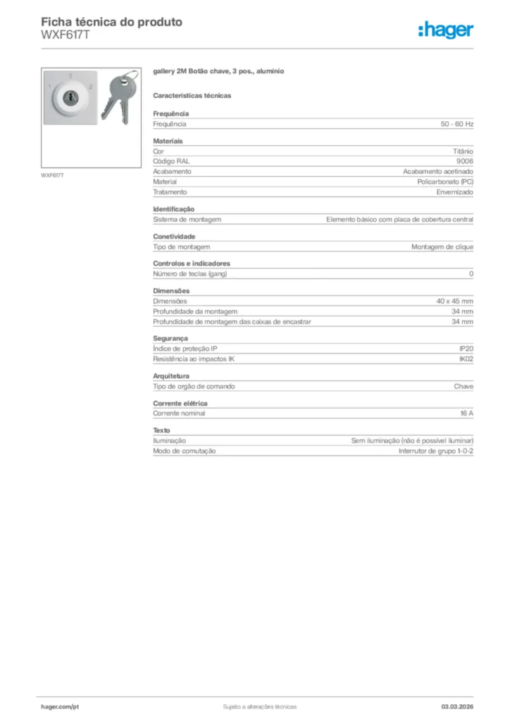 Imagem Hager Ficha técnica do produto WXF617T | Hager Portugal