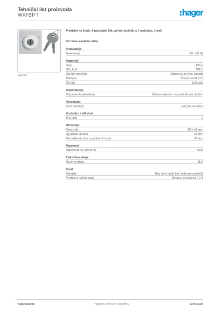 Slika Hager Tehnički list proizvoda WXF617T  | Hager