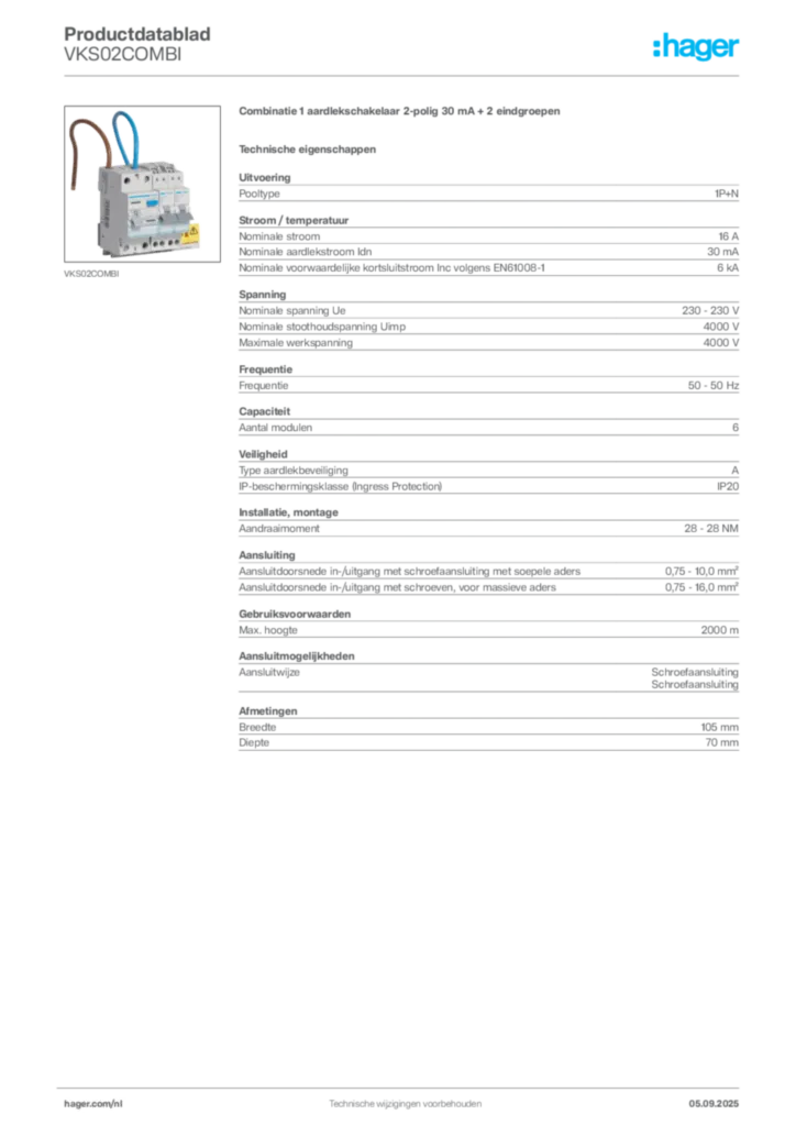 Afbeelding Hager Productdatablad VKS02COMBI | Hager Nederland