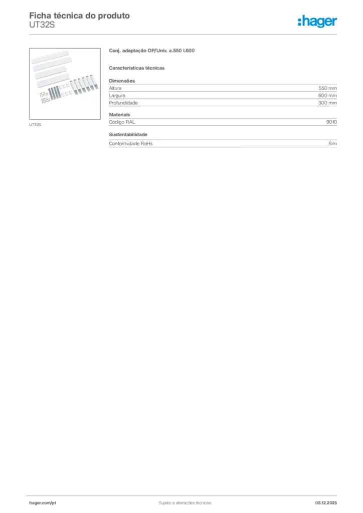 Imagem Hager Ficha técnica do produto UT32S | Hager Portugal